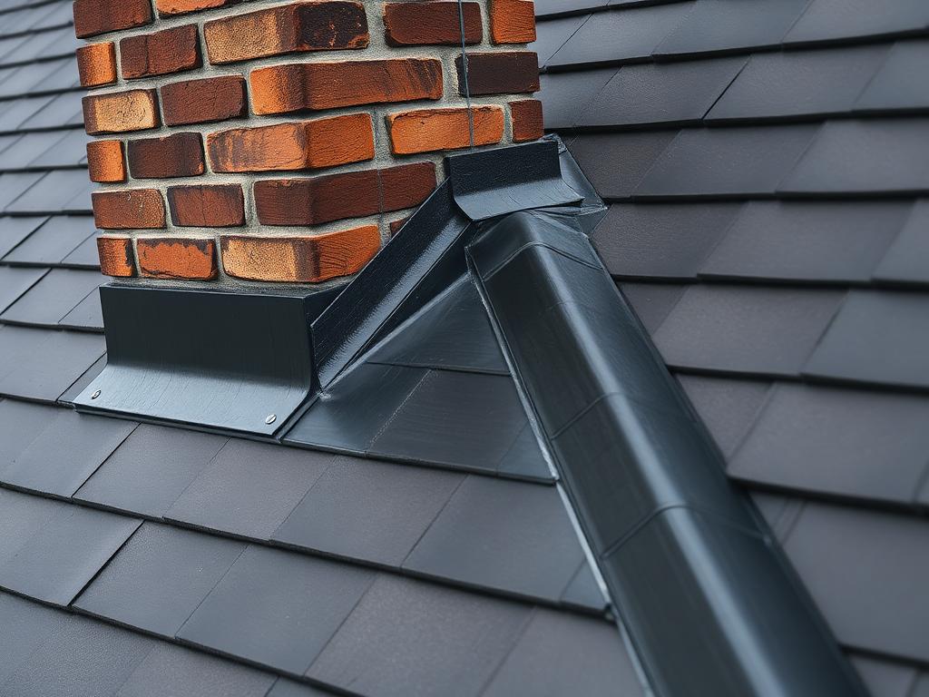 New lead flashing dressed neatly around a chimney on a slate roof